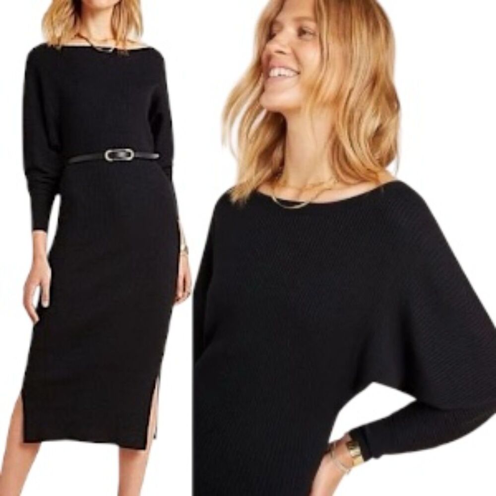 Anthropologie Shea Sweater Dress XS Black Ribbed Knit Midi Beaded Hem